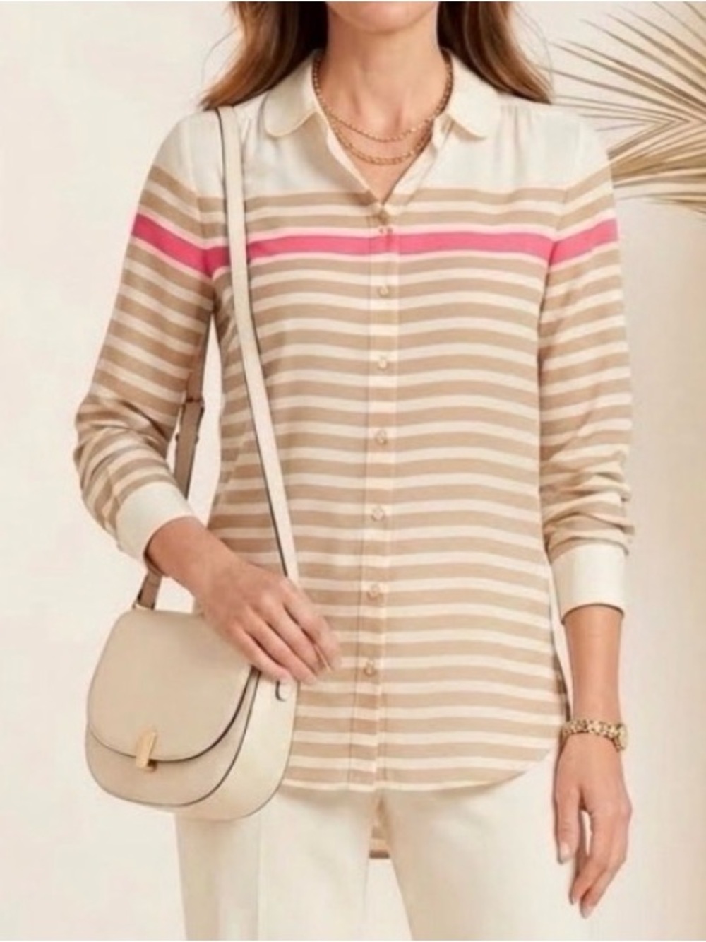 Talbots Beige Striped Button-Down Lightweight Blouse with Pink Accent
